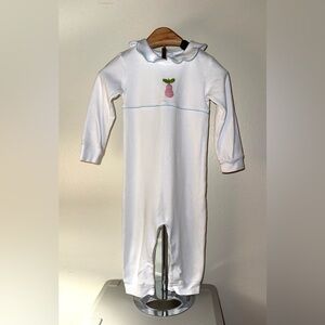 Little English white cotton playsuit with a hand crafted pear, size 24 mos